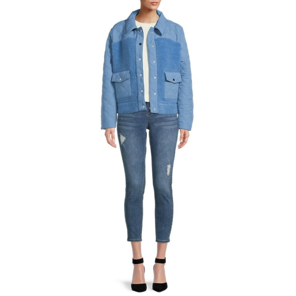 🆕Time & Tru Mix Media Teddy Sherpa Cropped Shacket Blue Ocean Size 1X (16W-18W) - Picture 2 of 9